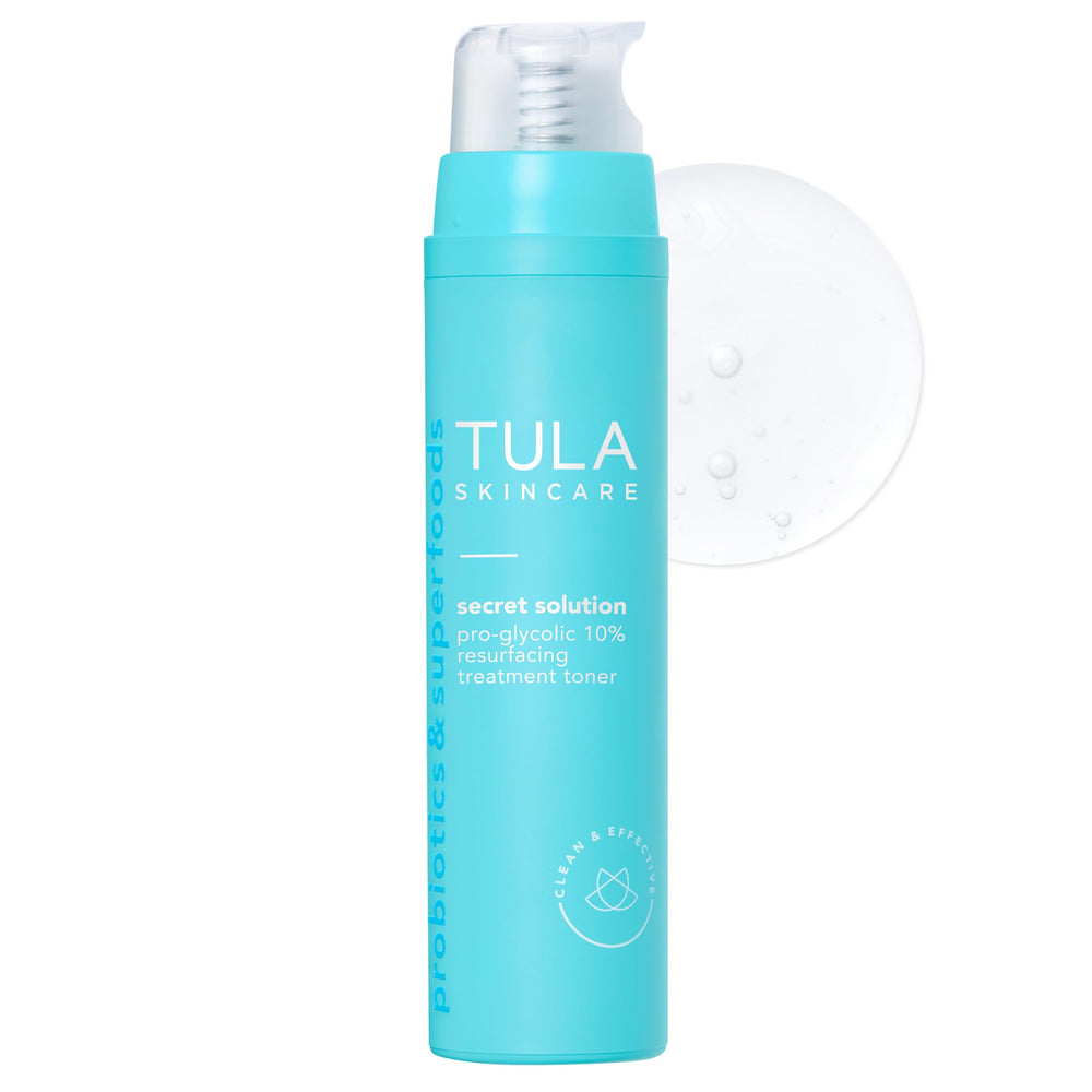 TULA Secret Solution Pro-Glycolic toner bottle highlighting 10% glycolic exfoliation for smoother skin.