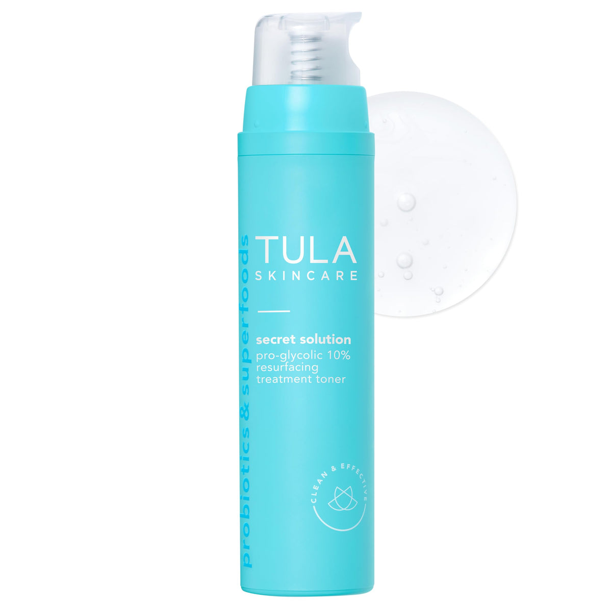 TULA Secret Solution Pro-Glycolic toner bottle highlighting 10% glycolic exfoliation for smoother skin.