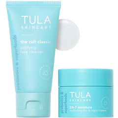TULA Petite Treats cleanser foaming gel image shows gentle cleansing for clean, makeup-free skin.