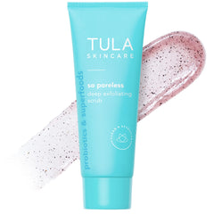 TULA So Poreless scrub jar closeup highlighting gentle exfoliation for refined pores.