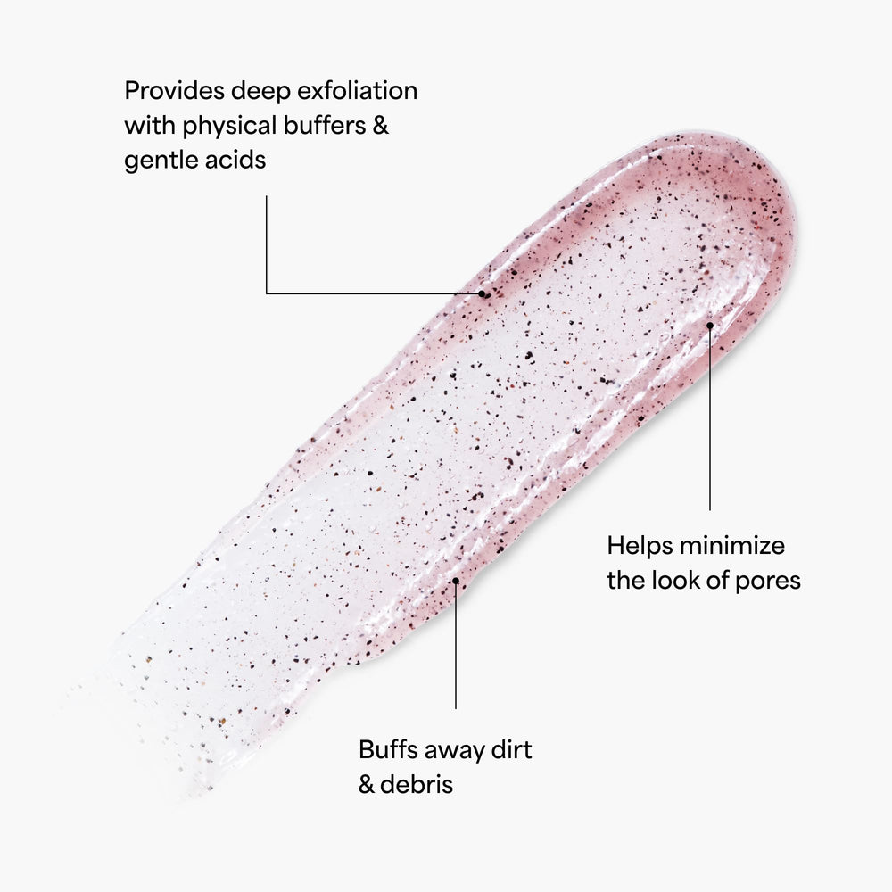 TULA So Poreless exfoliating texture detail emphasizes volcanic sand and pink salt texture.