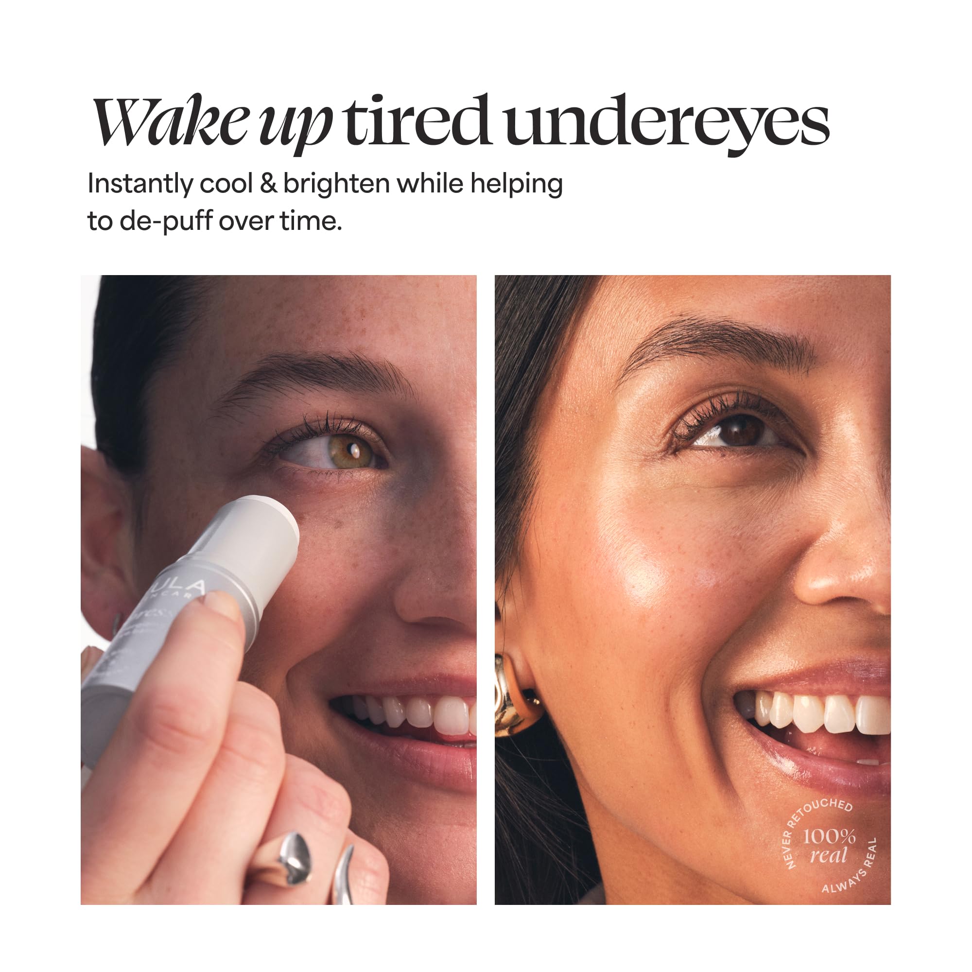 Applying TULA Spresso Eye Balm under-eye for de-puffing and brightness.