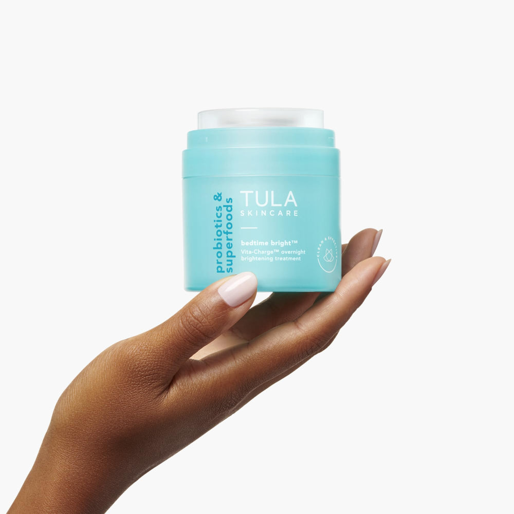 TULA Vita-Charge brightening complex with Vitamin C and Niacinamide for even tone.