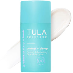 TULA Protect + Plump bottle closeup shows lightweight hydration for daily use.