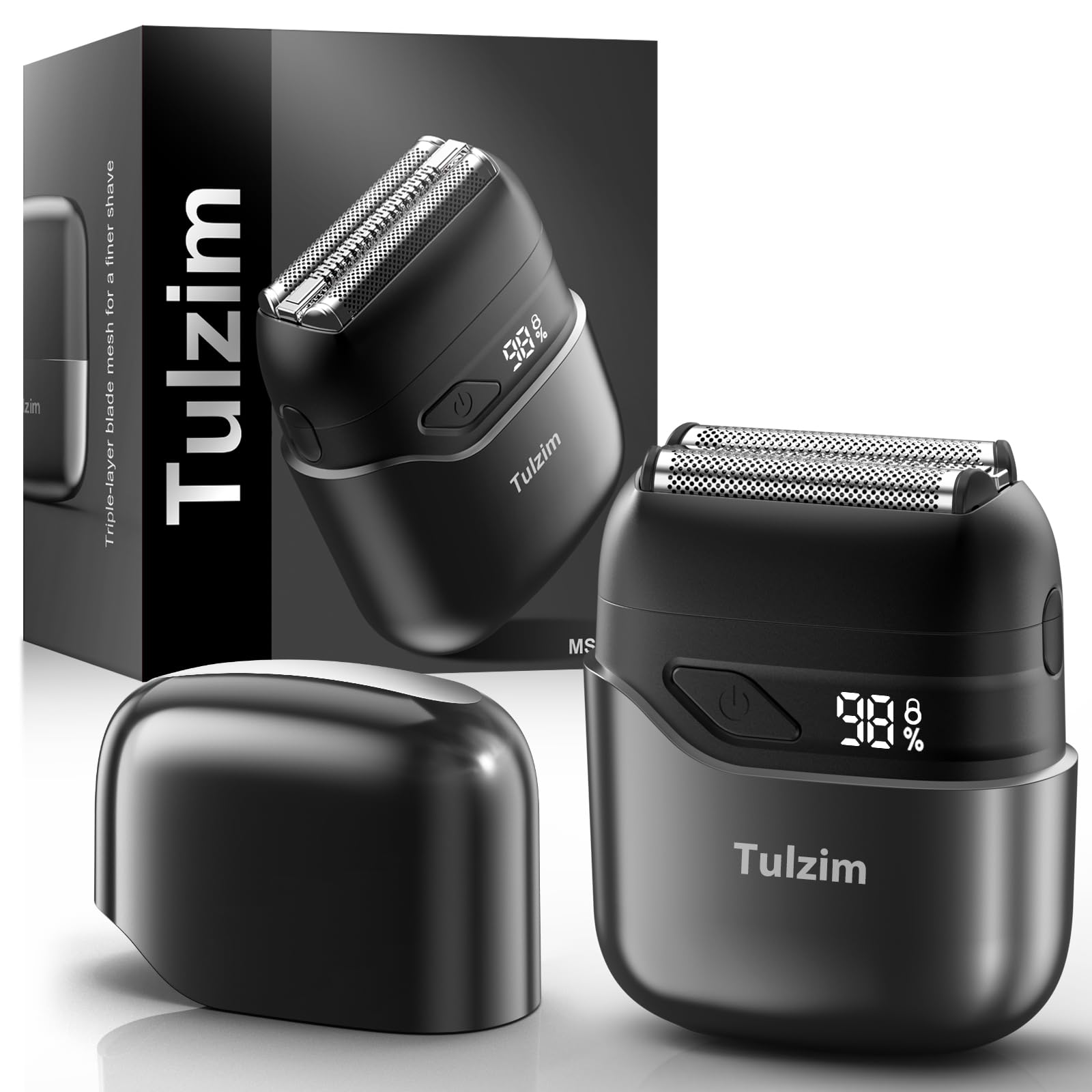 Tulzim electric-foil shaver with three heads delivers precise contour shaving.