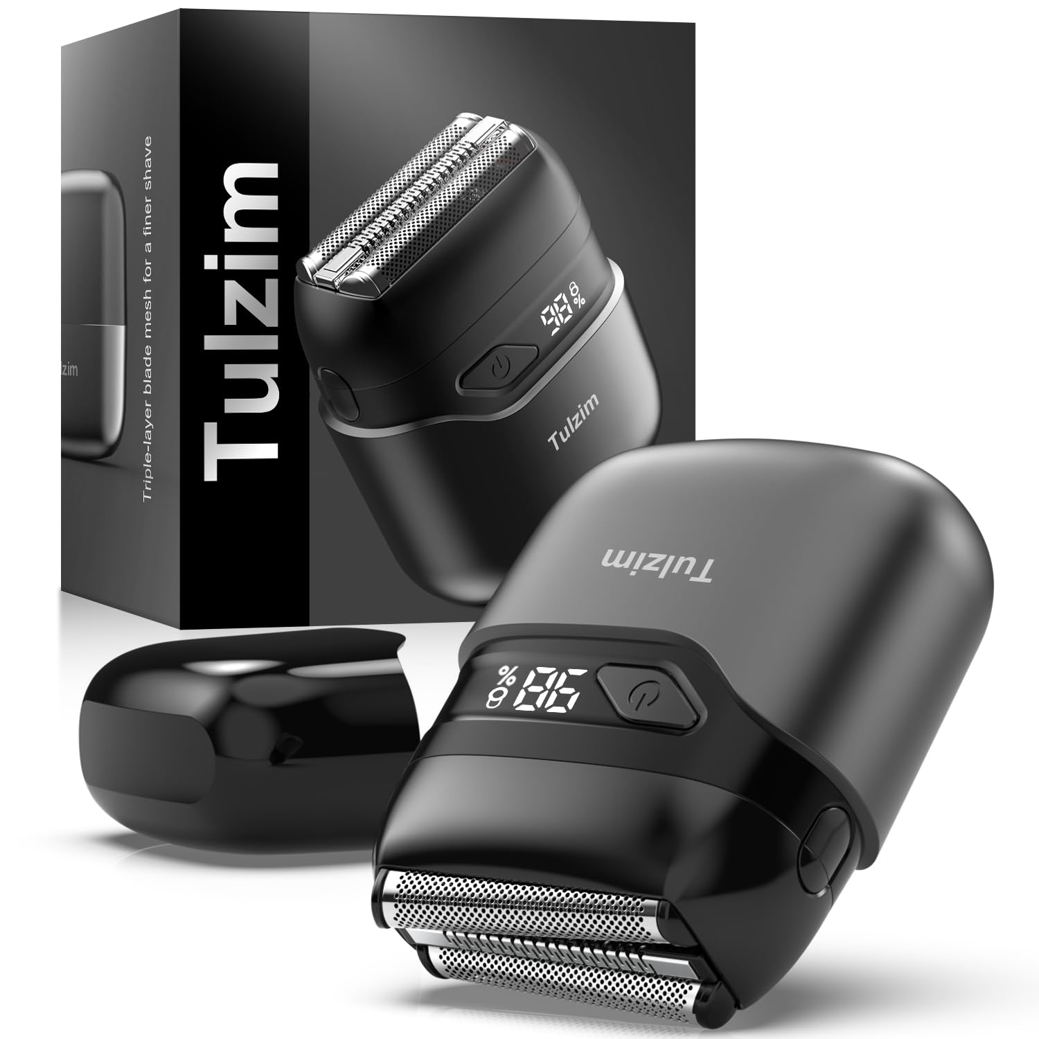 Tulzim electric foil shaver carbon-gray angled view for precise contouring on the go