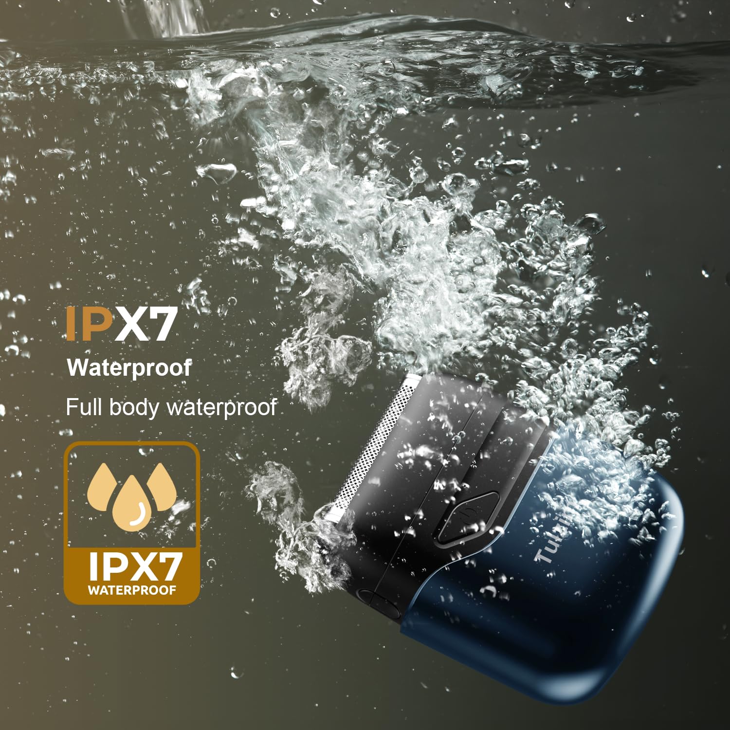 Tulzim IPX7 waterproof shaver in shower setup highlights versatile wet and dry shaving.
