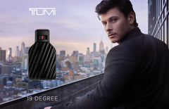 TUMI 19 Degree bottle label close-up highlighting amber and leather notes for evening sophistication