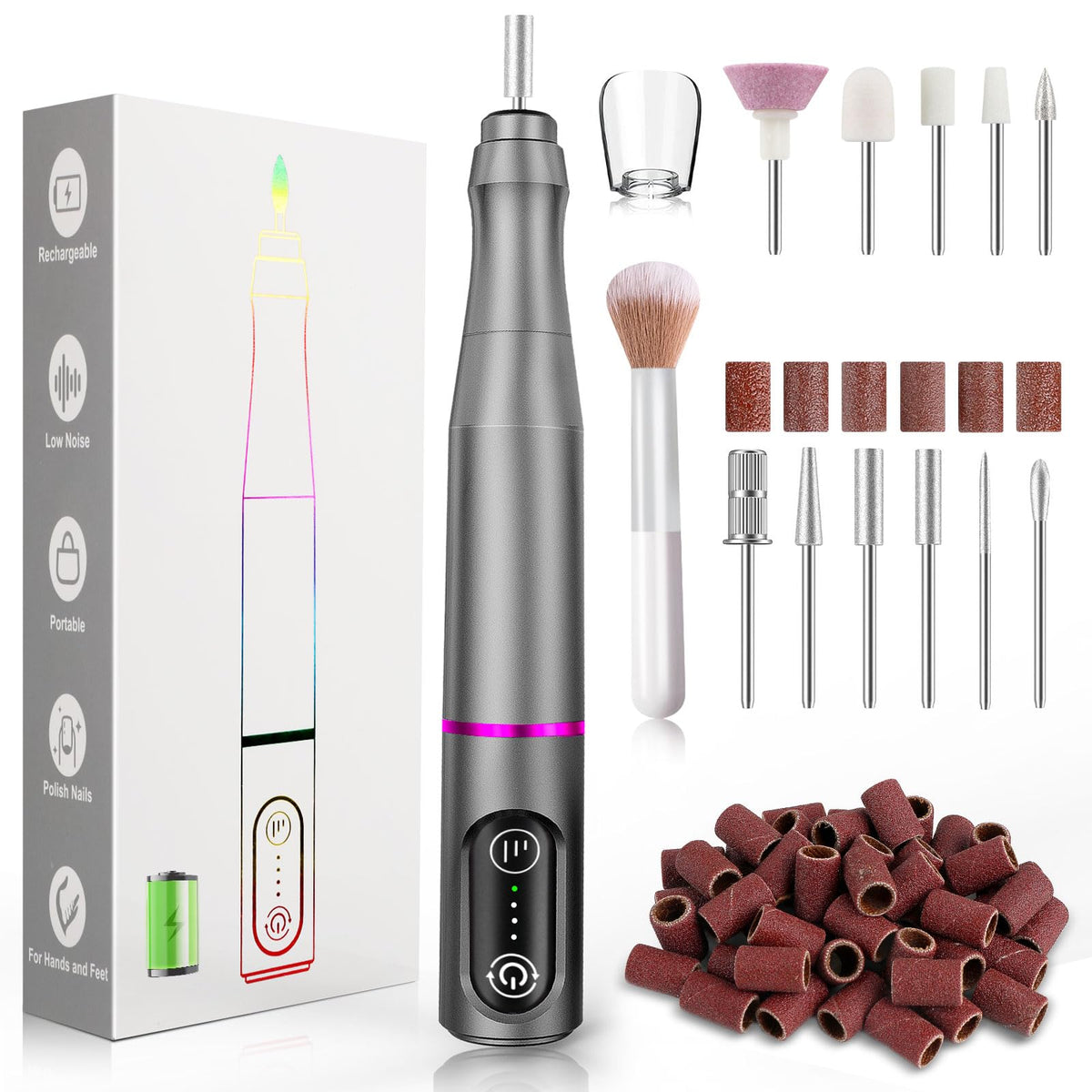 TUOBEO cordless nail drill front view highlights portable convenience for home manicures.