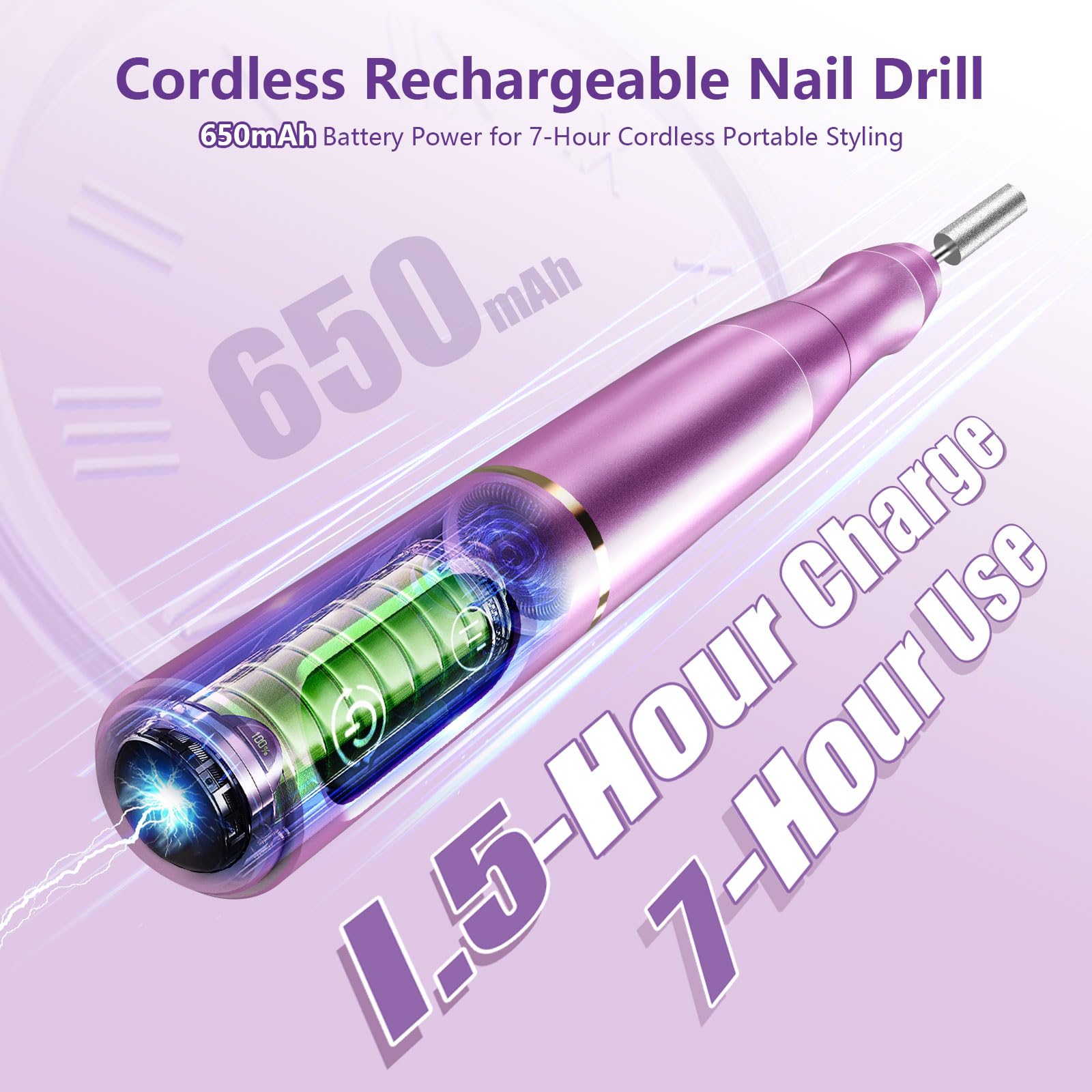 TUOBEO cordless nail drill kit side view showing ergonomic handheld design for comfortable control.