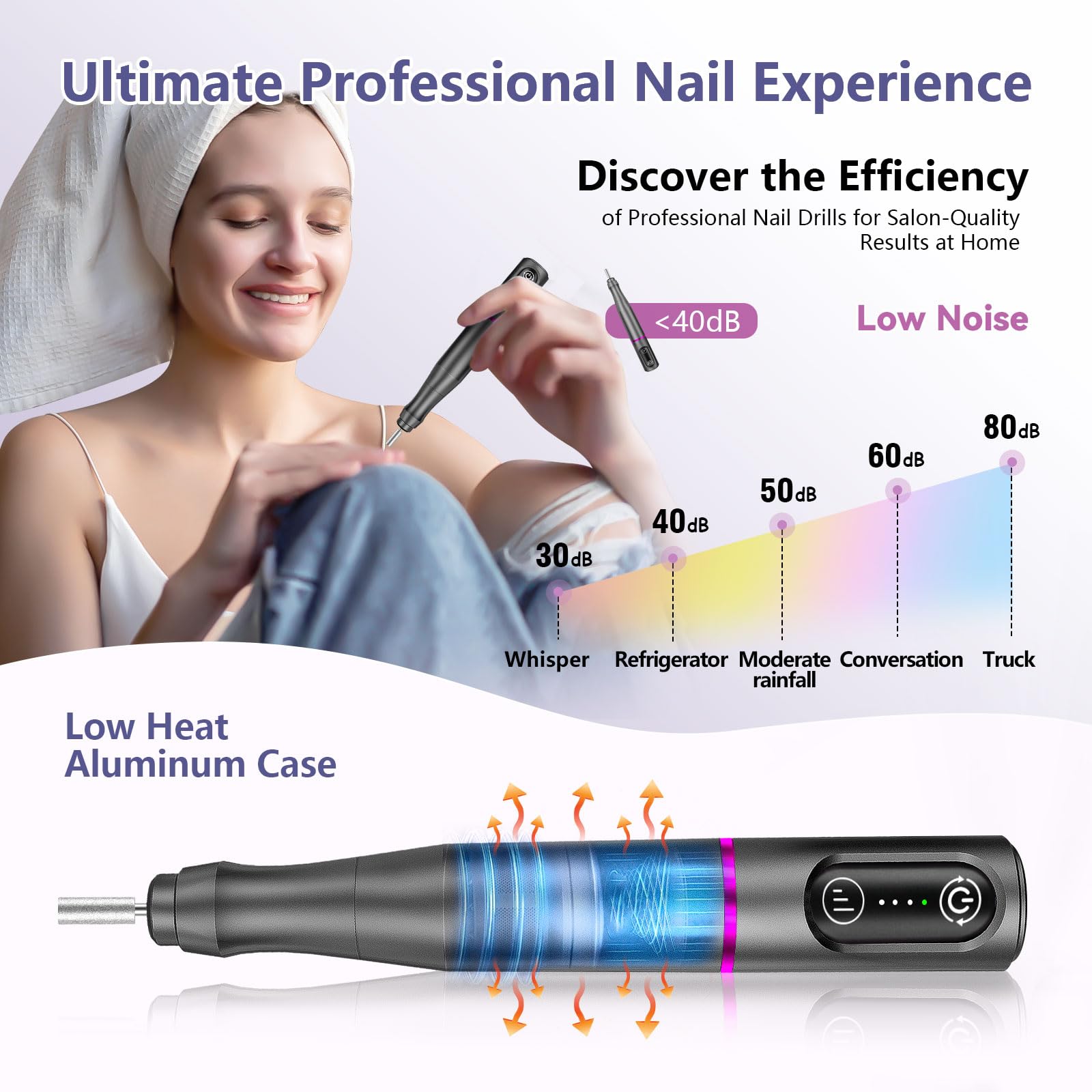 TUOBEO speed control image shows precise, customizable filing for different nail tasks.