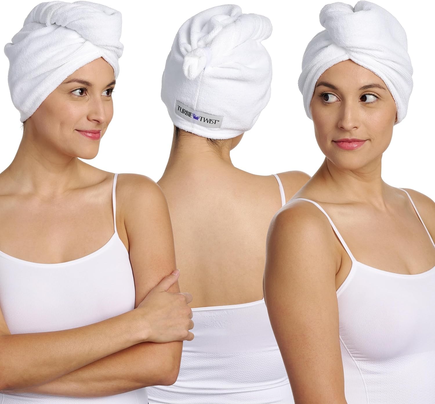 Turbie Twist triple-pack packaging highlights fast-drying cotton for travel.