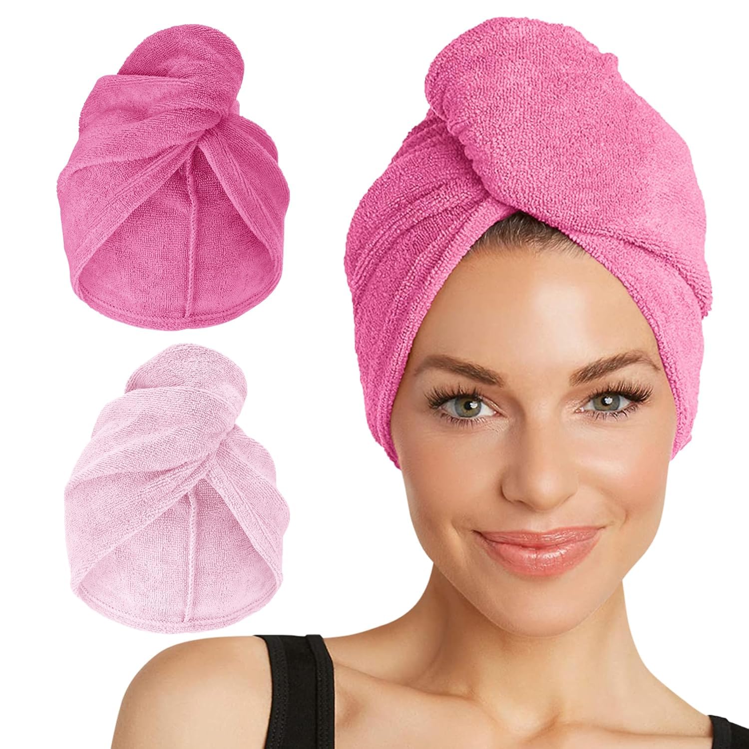 Turbie Twist 2-pack microfiber hair towel in dark pink and light pink for quick-dry routine.