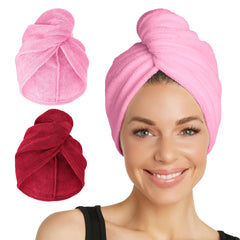 Turbie Twist deep-claret towel wrap shown for quick, gentle hair drying.