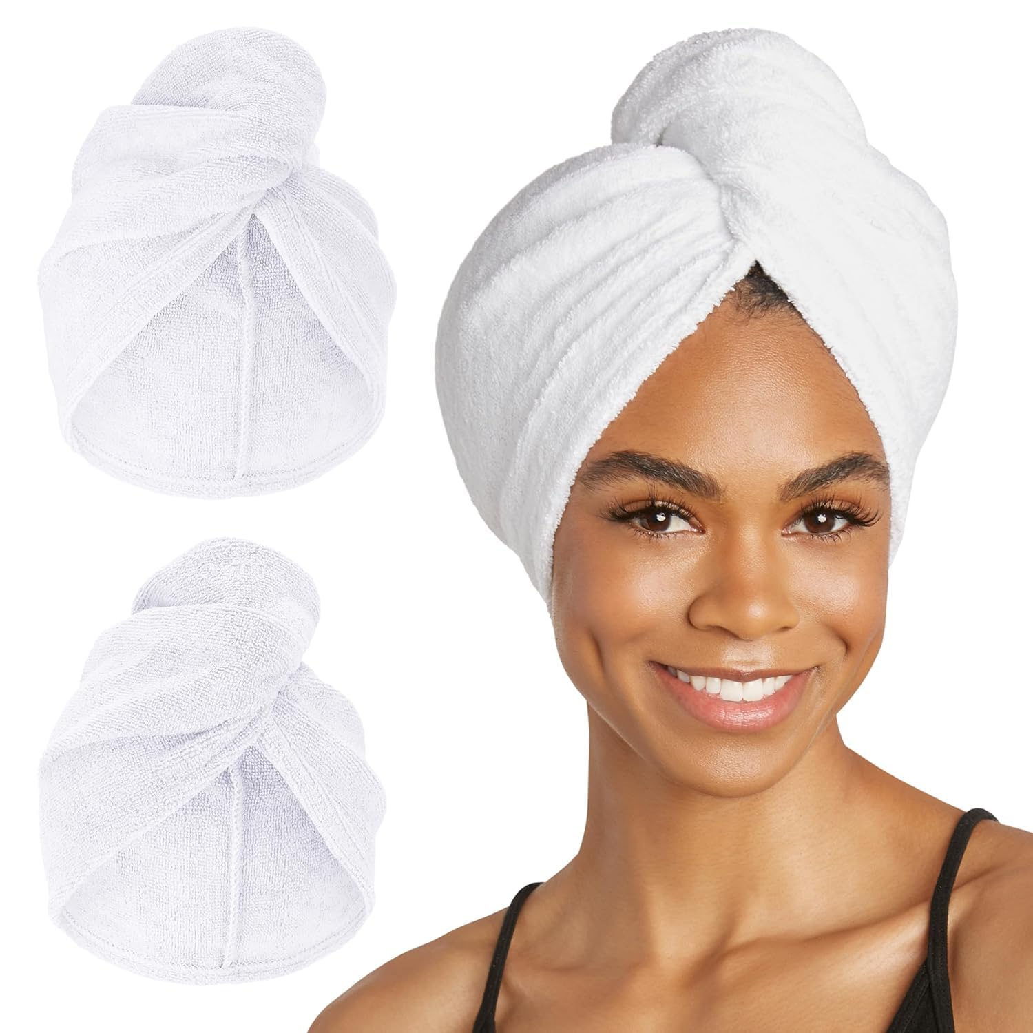 Turbie Twist extra-long microfiber hair towel in white for fast, gentle drying.