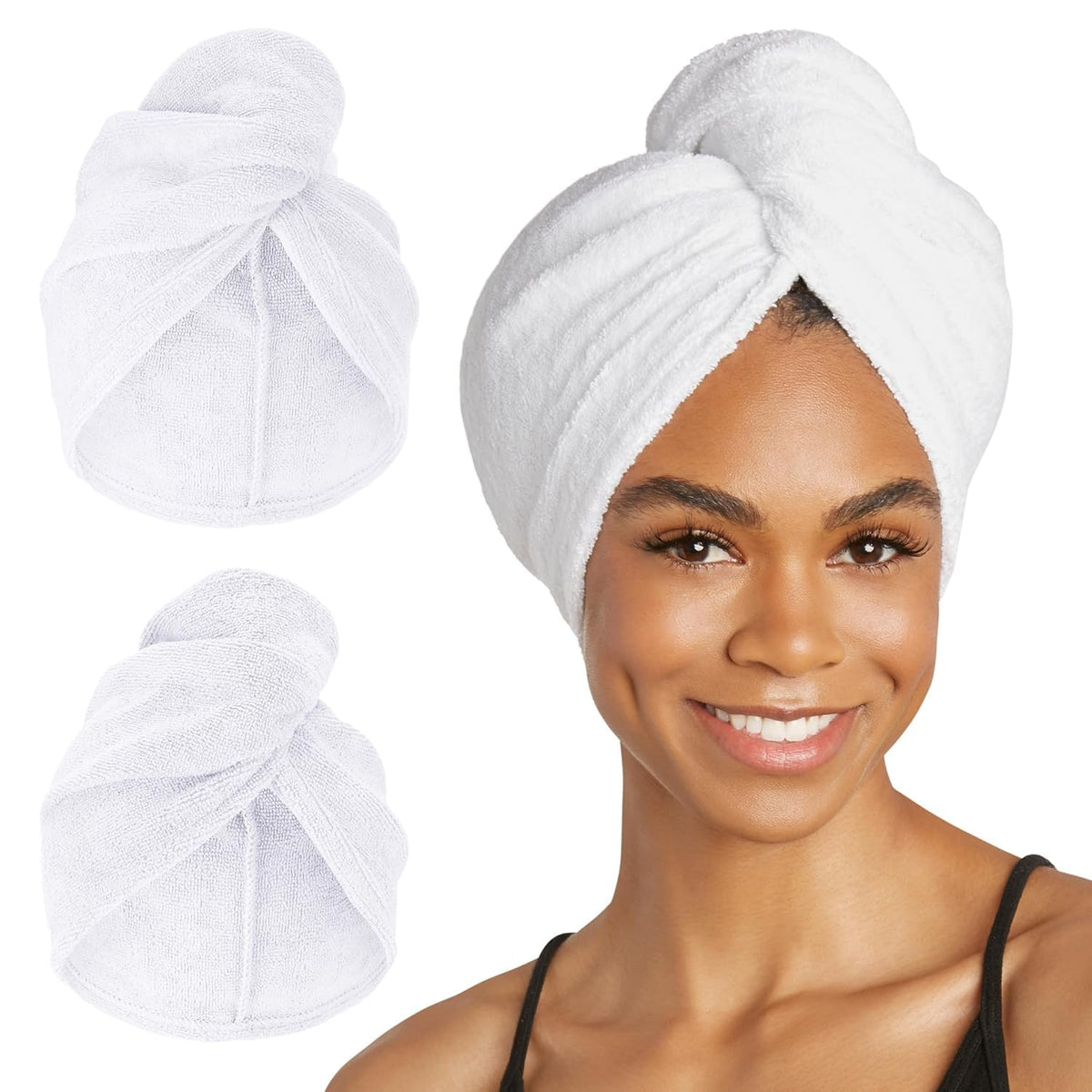 Turbie Twist extra-long microfiber hair towel in white for fast, gentle drying.