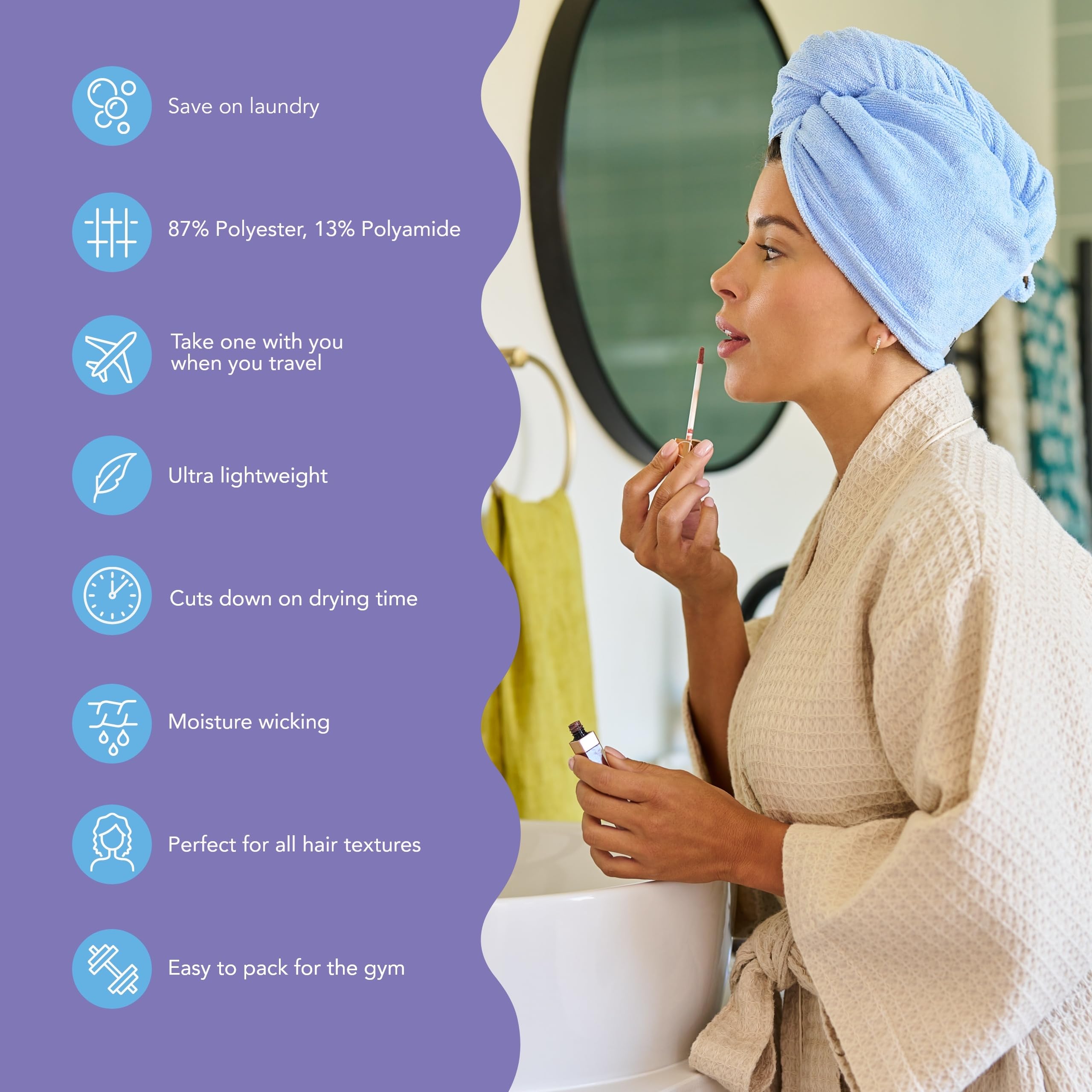 Turbie Twist on-head wrap shows secure, comfortable drying for all hair types.