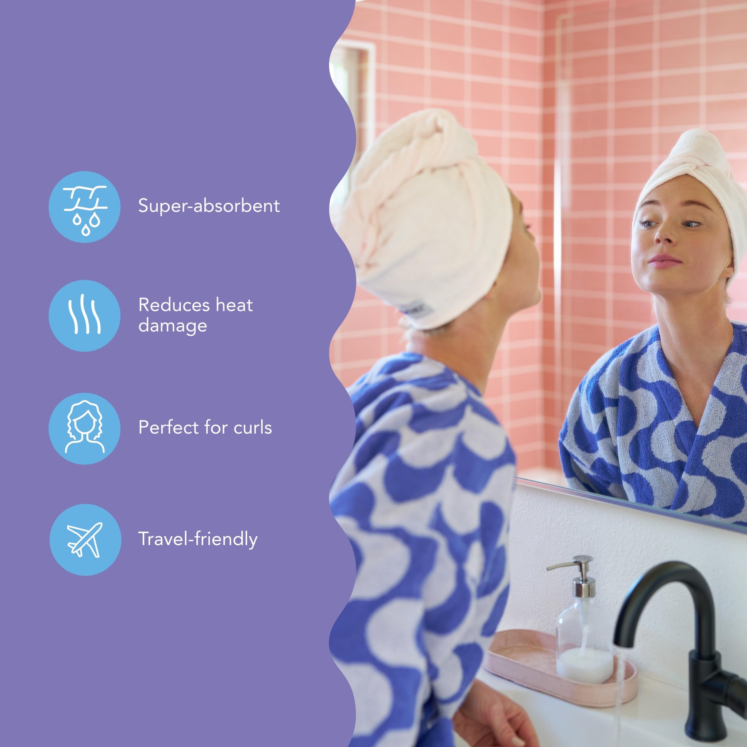 Turbie Twist microfiber hair towel in use on wet hair, highlighting quick-dry performance.