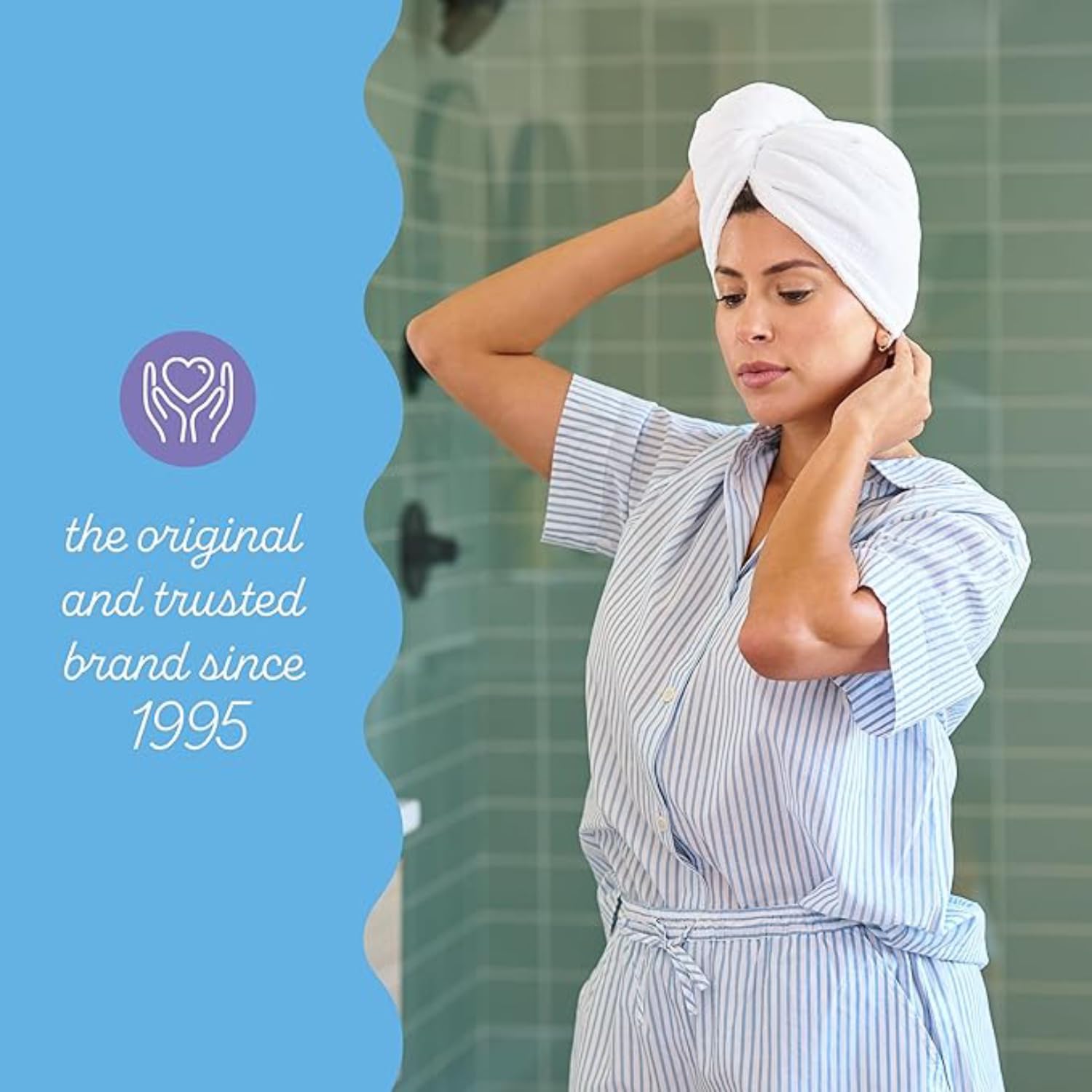 Turbie Twist lightweight wrap with twist-and-loop stays secure.