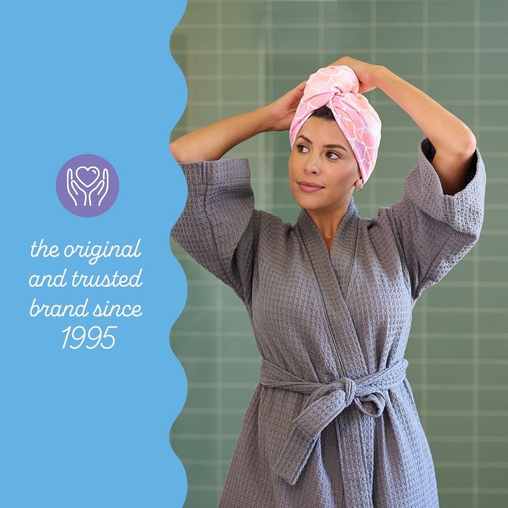 Turbie Twist Mermaid anti-frizz towel wraps smooth hair with reduced styling time.