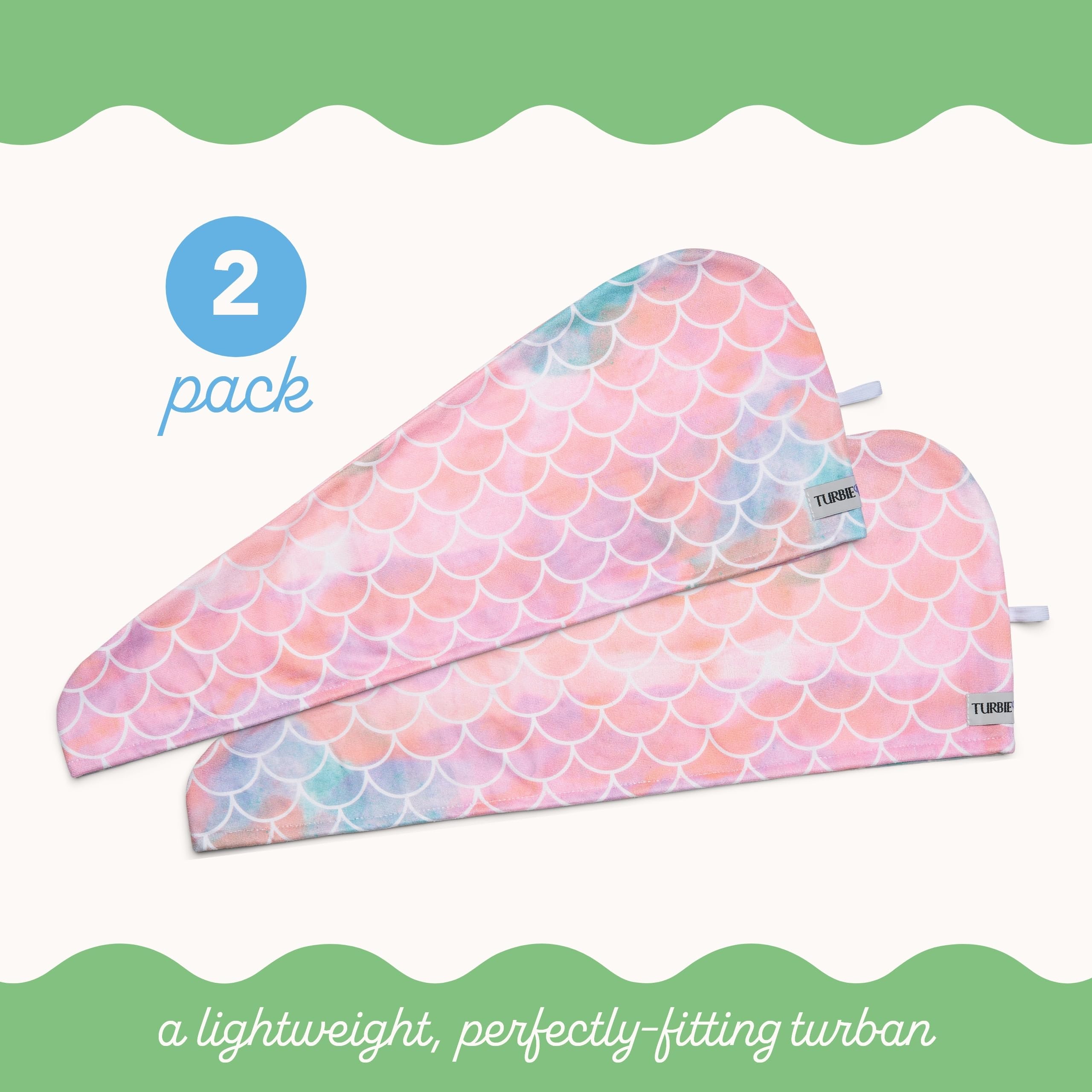 Turbie Twist Mermaid gentle friction hair wrap minimizes breakage and frizz during use.