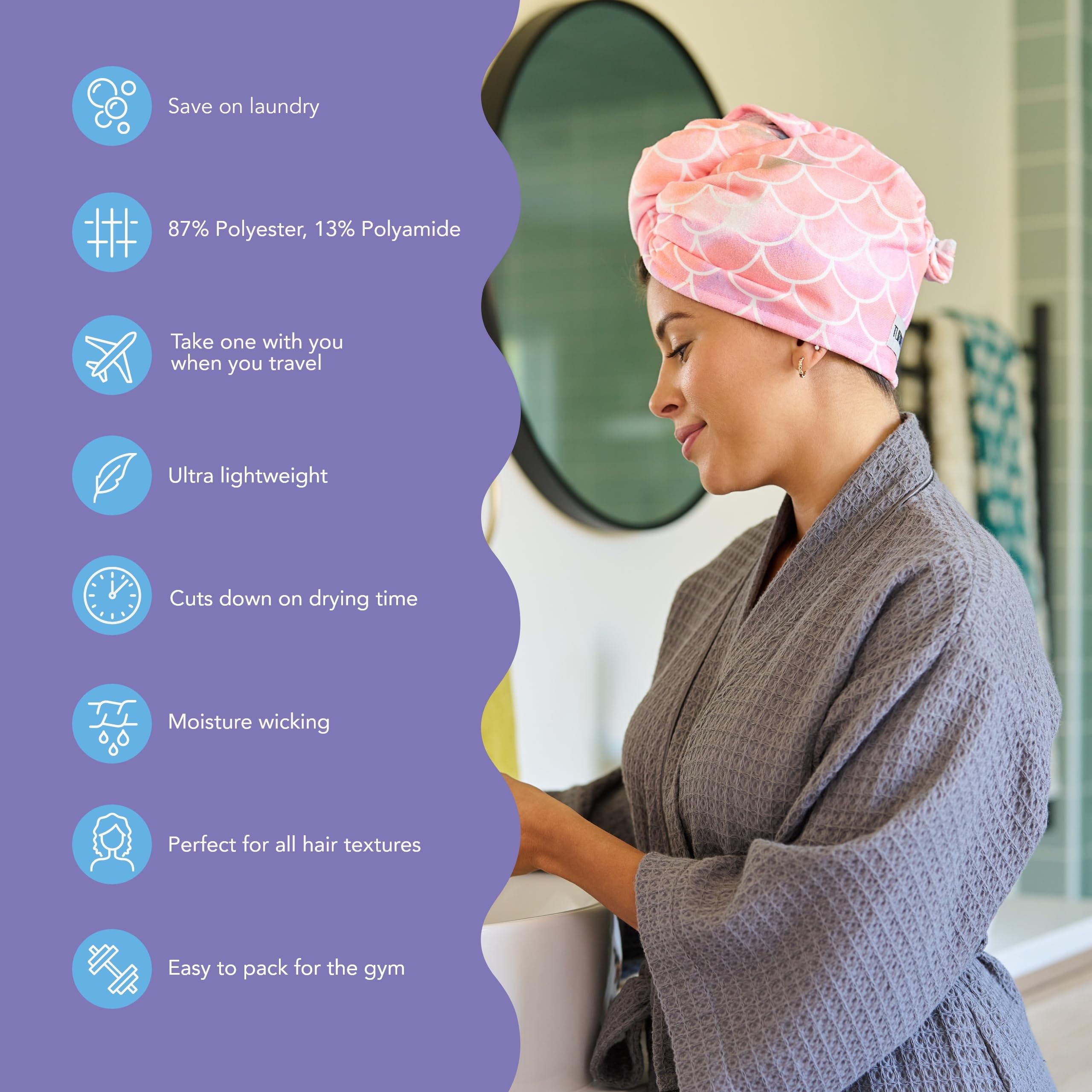 Turbie Twist Mermaid microfiber absorbent towel demonstrates high water pick-up for efficient drying.