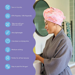 Turbie Twist Mermaid microfiber absorbent towel demonstrates high water pick-up for efficient drying.