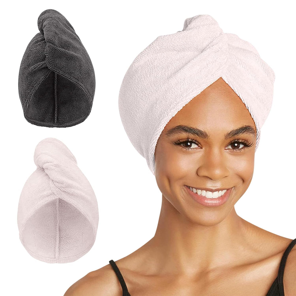 Turbie Twist microfiber hair towel grey close-up shows plush fabric for quick-drying.
