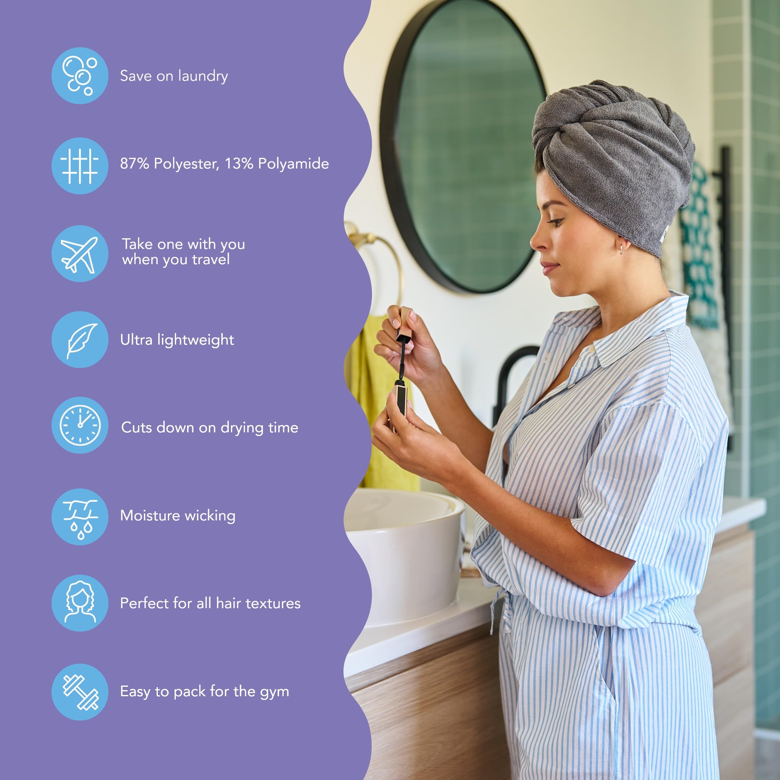 Turbie Twist model wearing hair turban demonstrates gentle, secure wrap for easy styling.