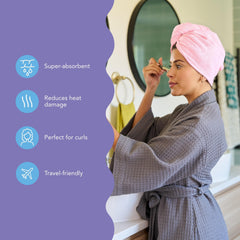Turbie Twist sea-pink towel wrap shown on head for soft, frizz-free styling.