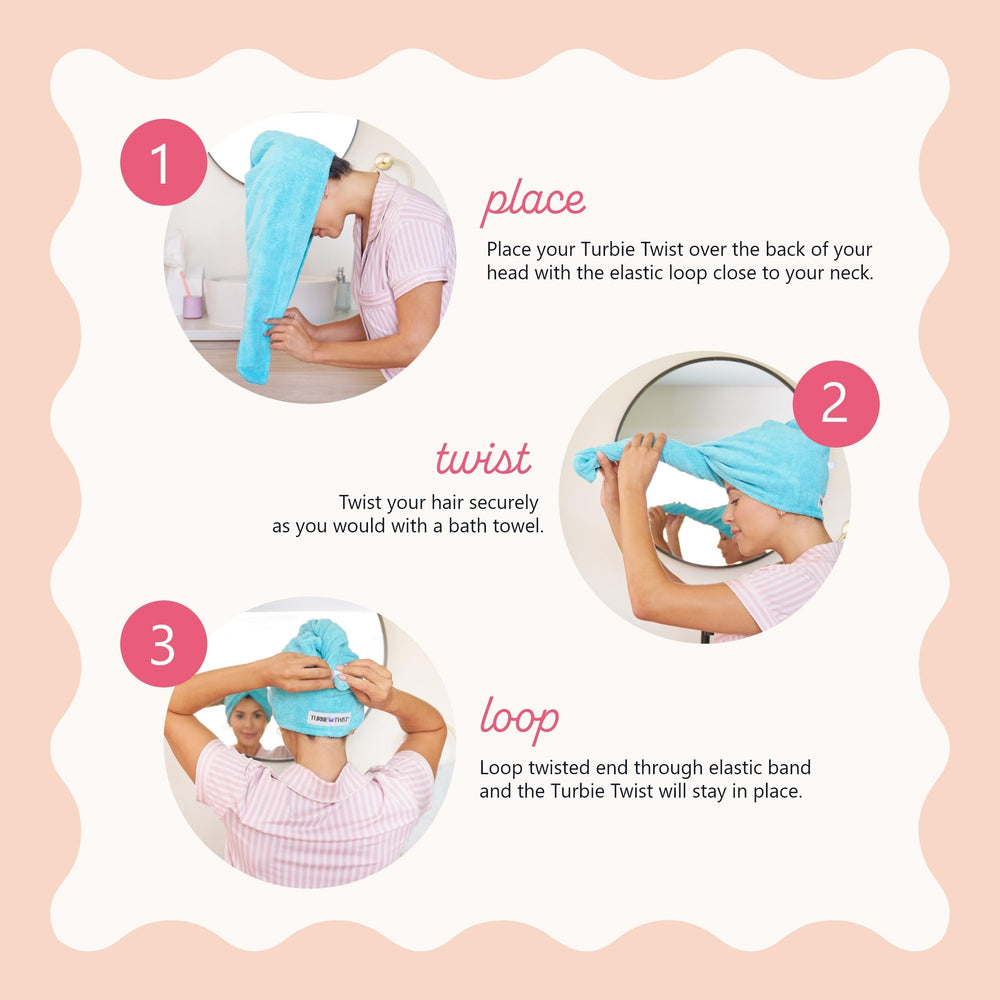 Turbie Twist soft absorbent cotton emphasizes quick, plush drying.