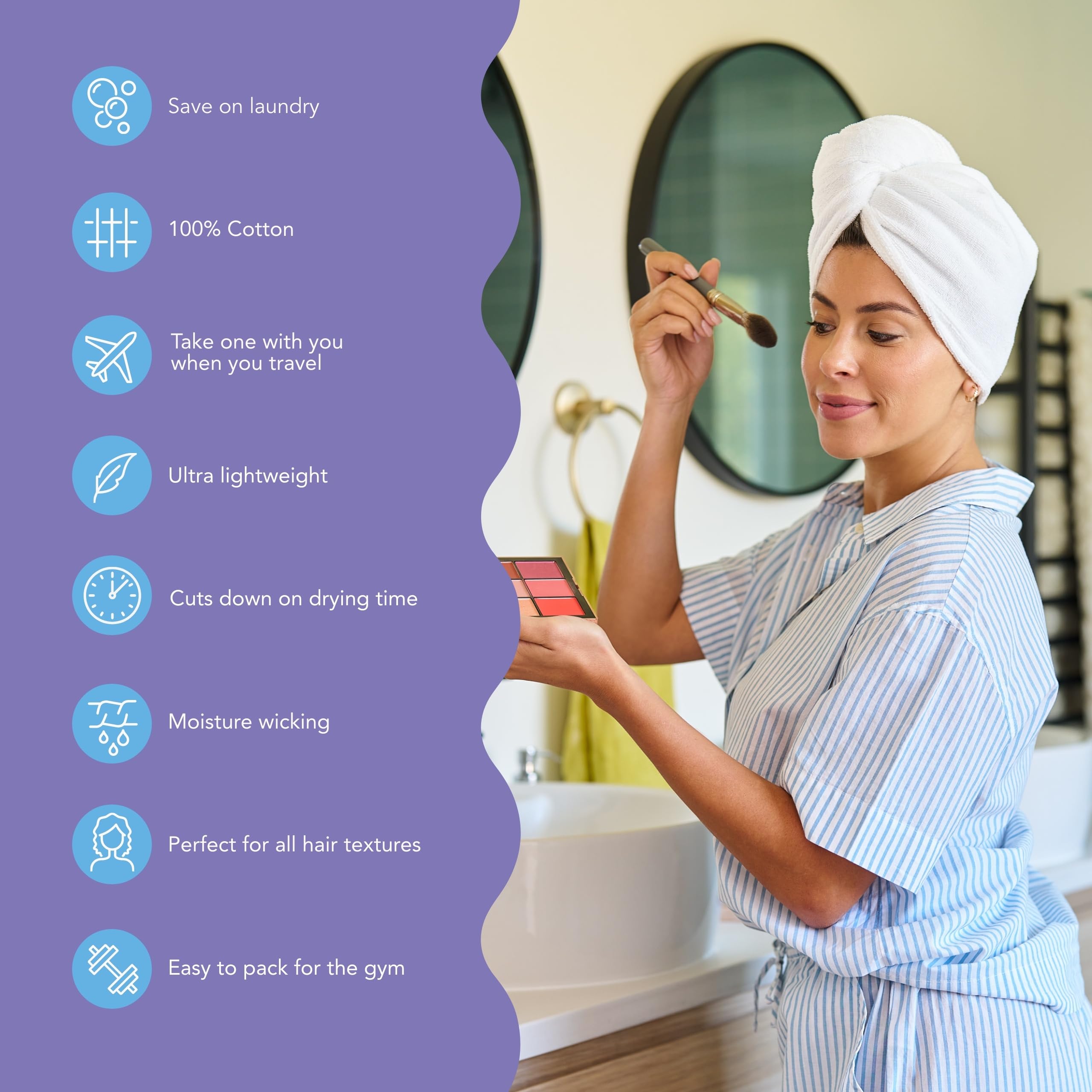 Turbie Twist twist-loop system closeup demonstrates secure, hands-free drying.