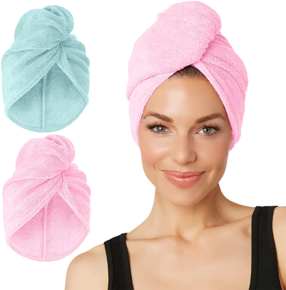 Turbie Twist 2pack extralong microfiber hair towel pink mint, front view for quick-dry.