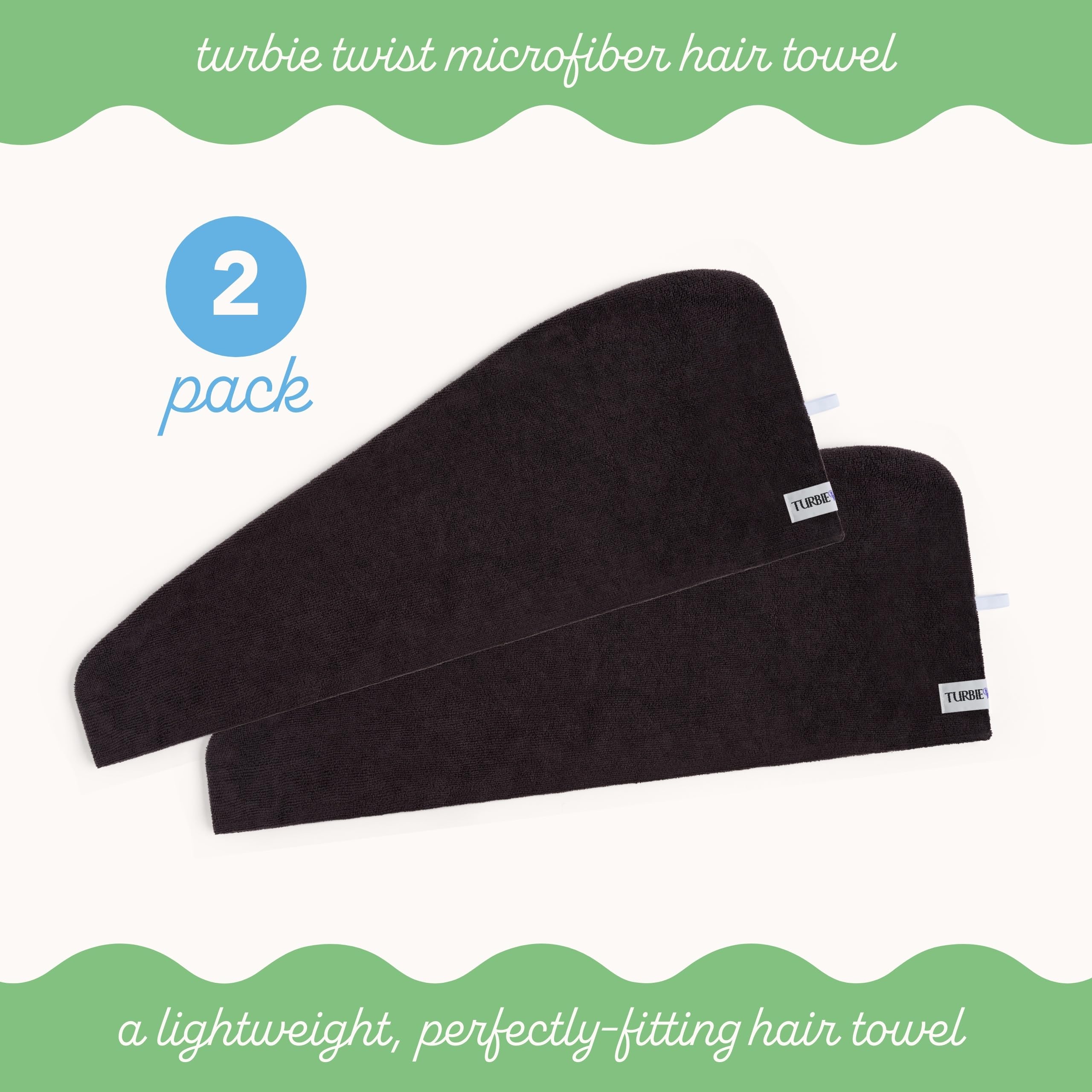 Turbie Twist hair towel wrapped on head with twist-and-loop secure fit