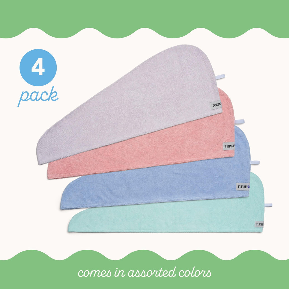 Turbie Twist blue microfiber towel wrapped for quick-dry routine after shower.