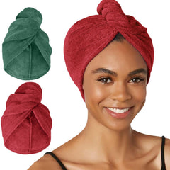 Turbie Twist microfiber hair towel in green pack quickly absorbs moisture.