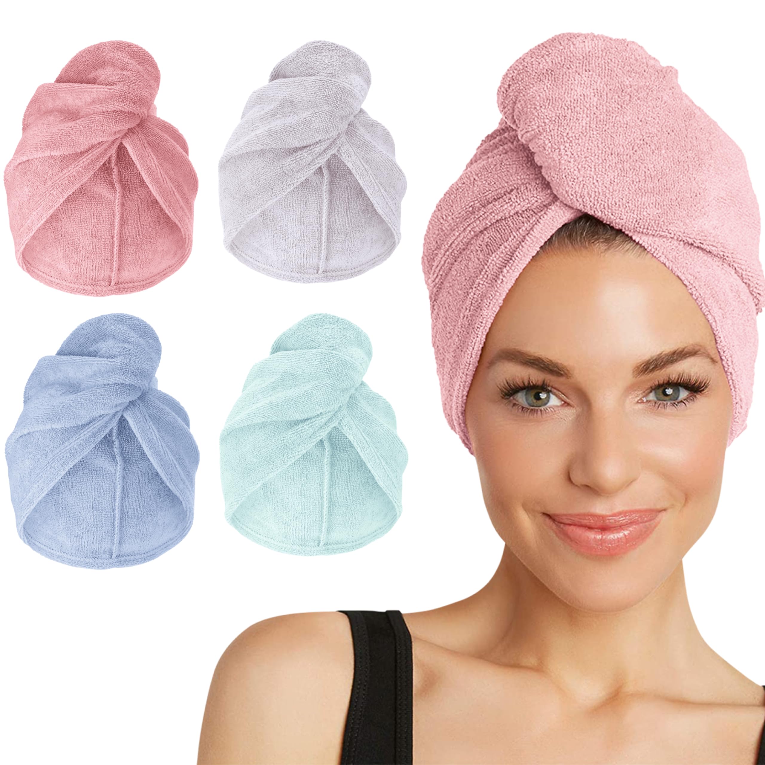 Turbie Twist pink microfiber hair towel close-up shows fast-drying softness.