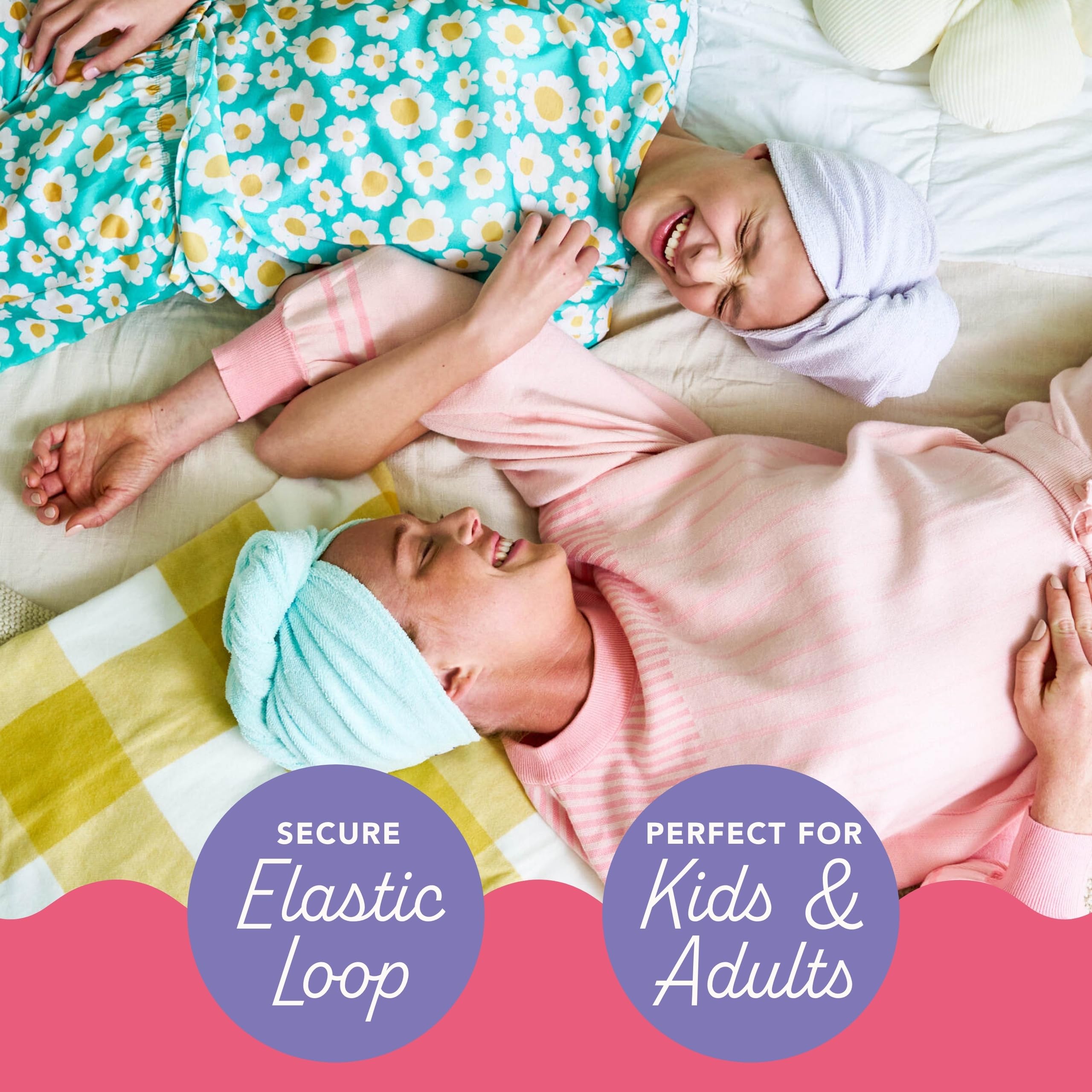 Turbie Twist twist-loop system keeps the towel in place during wear.
