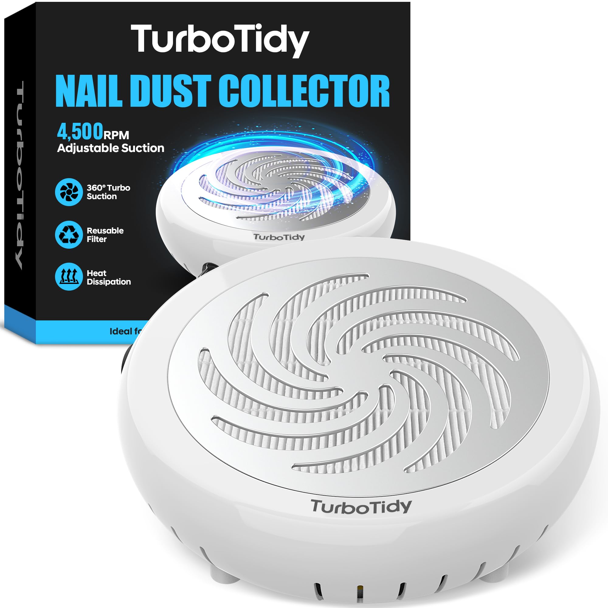 TurboTidy Nail Dust Collector front view shows strong suction for a cleaner workspace