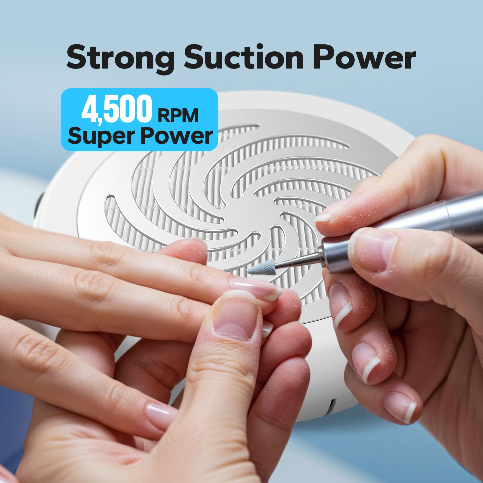 TurboTidy Nail Dust Collector side view highlighting adjustable suction for different nail tasks