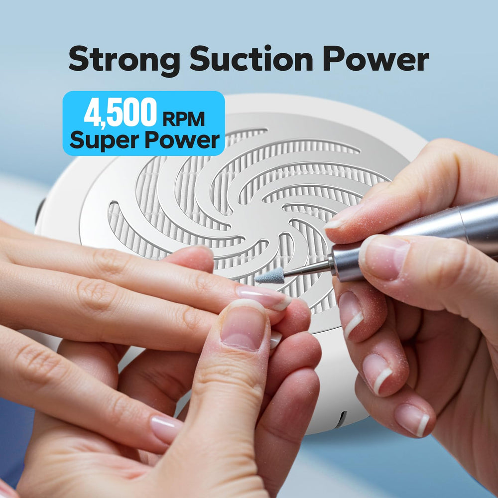 TurboTidy Nail Dust Collector side view highlighting adjustable suction for different nail tasks