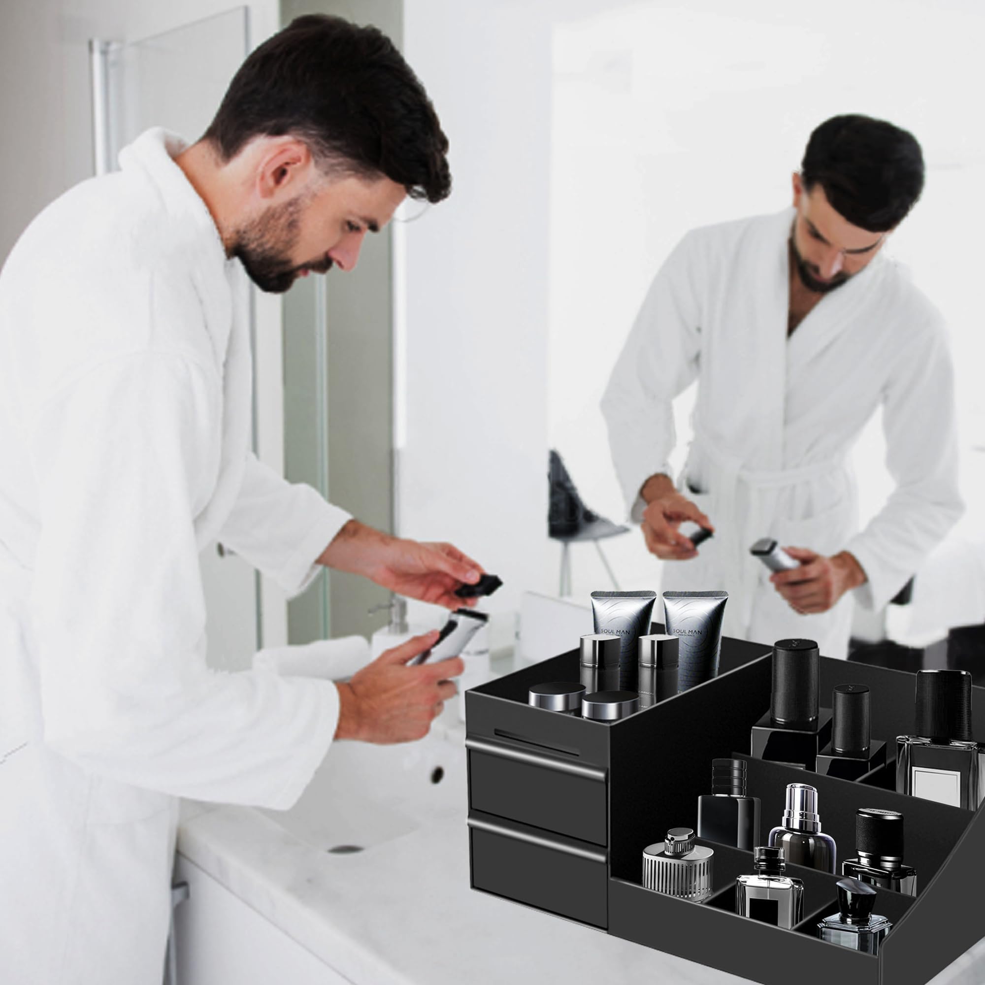 Turesmith perfume organizer drawer open shows seven compartments for skincare and fragrance