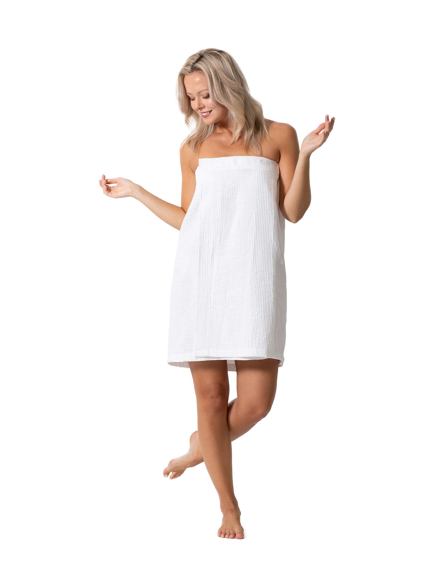 Turkish Linen Women's Waffle Spa Wrap with adjustable closure for secure, comfortable fit.