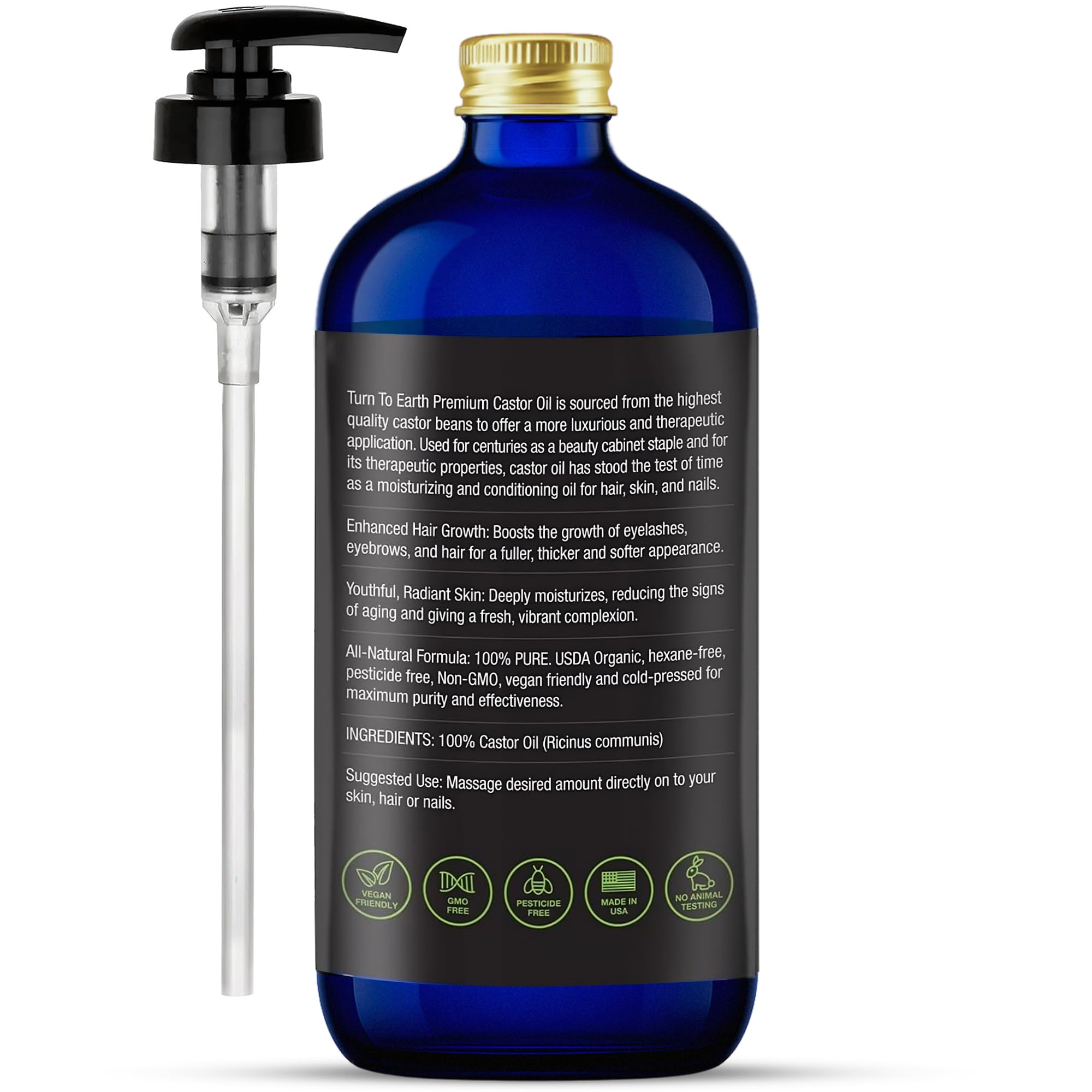 TURN TO EARTH Castor Oil bottle shows Made in USA for quality and safety.