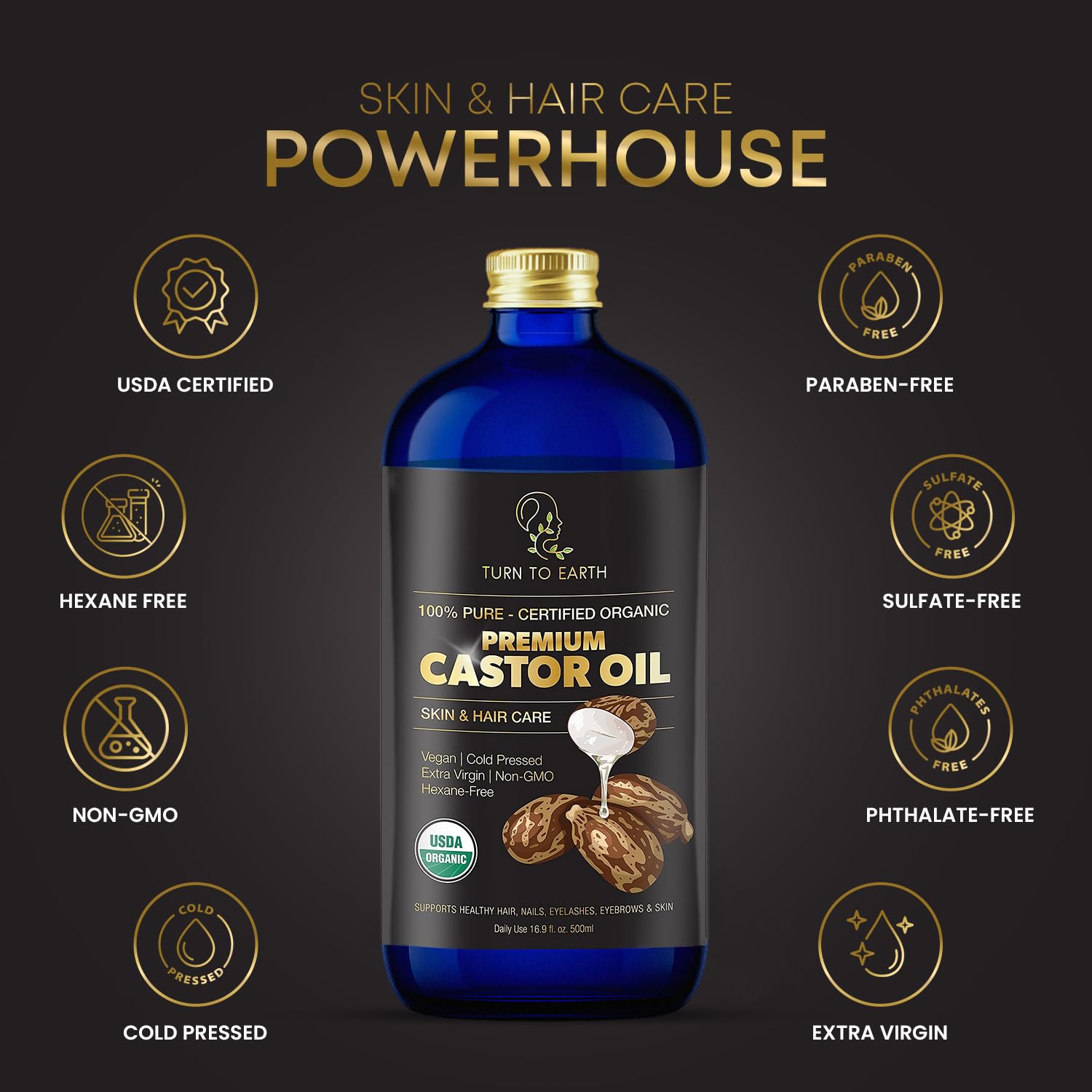 TURN TO EARTH Castor Oil for wellness routines: optional castor packs.
