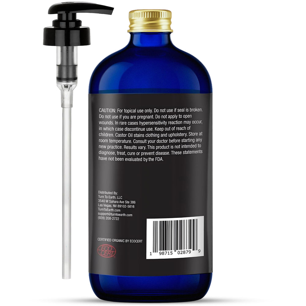 TURN TO EARTH Castor Oil in recyclable blue glass packaging.