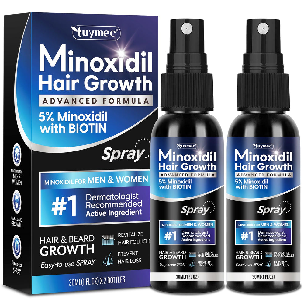 Tuymec 5% Minoxidil spray bottle front view supports scalp hair growth potential