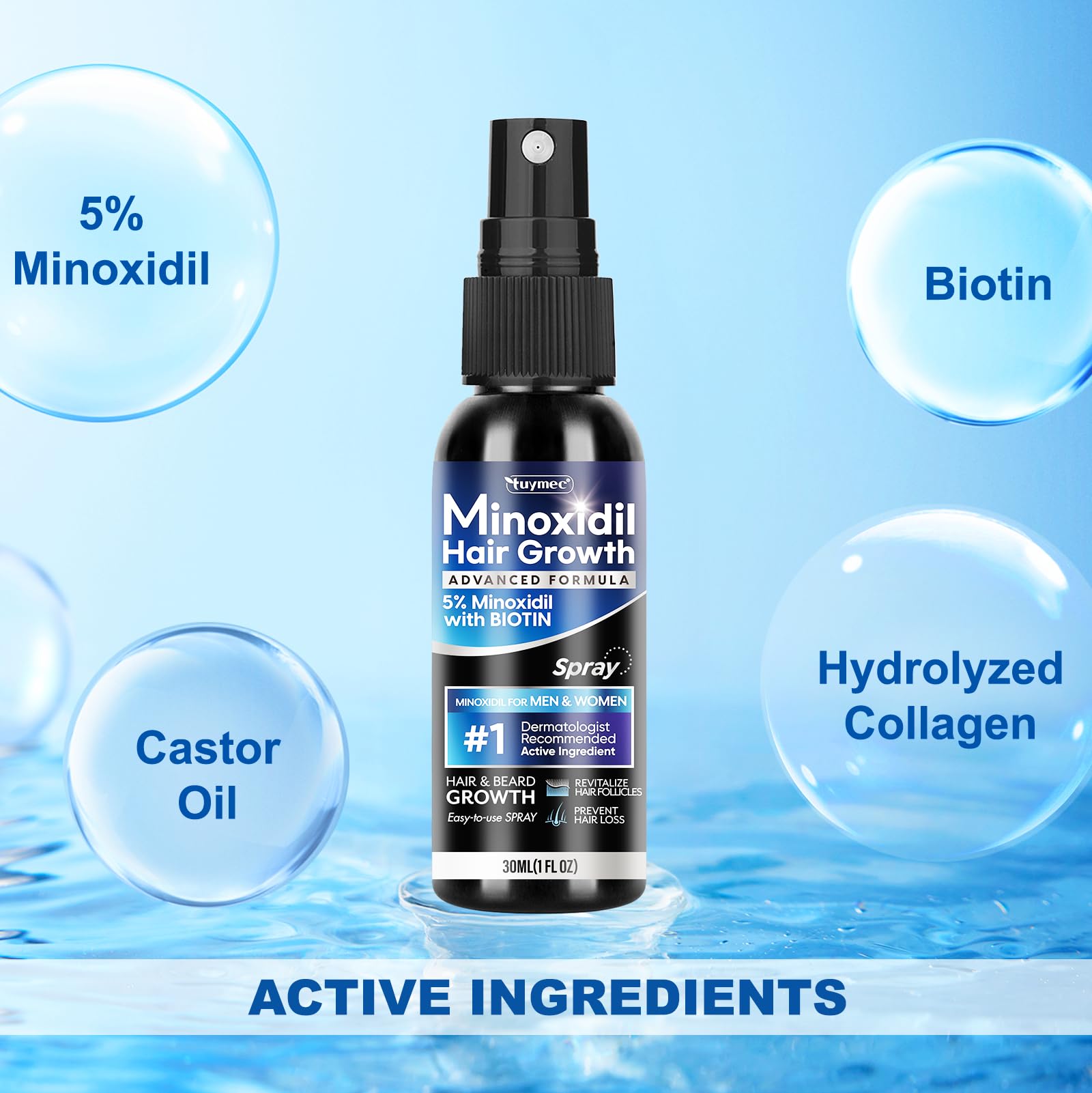 Tuymec 5% Minoxidil spray bottle top dispense shows easy daily application