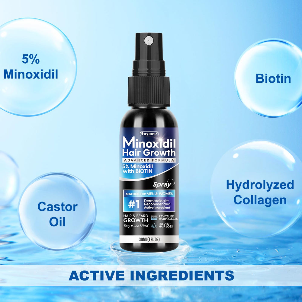 Tuymec 5% Minoxidil spray bottle top dispense shows easy daily application