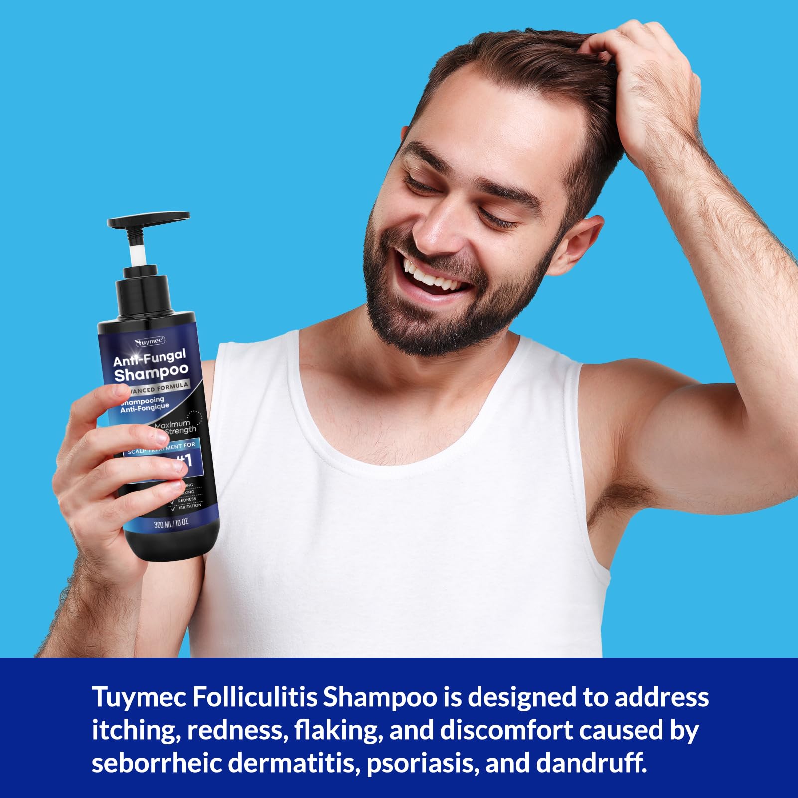 Tuymec psoriasis shampoo close-up on hair showing healthy shine and clean scalp